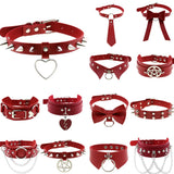 Punk Red PU Leather Choker Necklace Harajuku Gothic Bowknot Heart Tassel