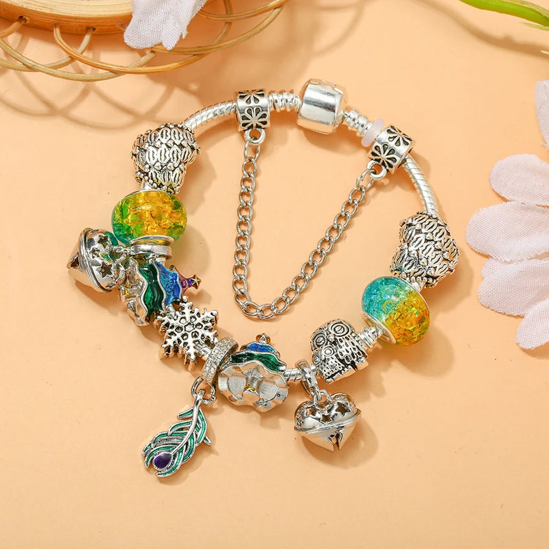 Peacock Feather and Bells Charm Bracelet DIY Christmas Tree Bead Bracelet