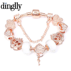 Rose Plated Hearts Charm Bracelet Heart Lock Beads Bracelet