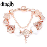 Rose Plated Hearts Charm Bracelet Heart Lock Beads Bracelet