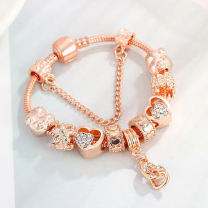 Rose Plated Hearts Charm Bracelet Heart Lock Beads Bracelet