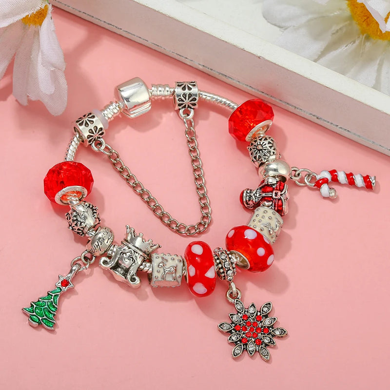 Red Crystal Snowflake Beads Charm Bracelet & Santa Claus Bangle