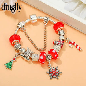 Red Crystal Snowflake Beads Charm Bracelet & Santa Claus Bangle