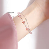 Double Layer Pink Stone Crystal 925 Silver Bracelet Girl Lucky Charm
