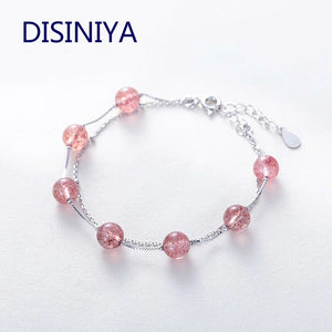Double Layer Pink Stone Crystal 925 Silver Bracelet Girl Lucky Charm