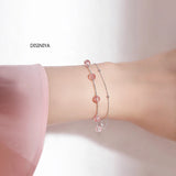 Double Layer Pink Stone Crystal 925 Silver Bracelet Girl Lucky Charm