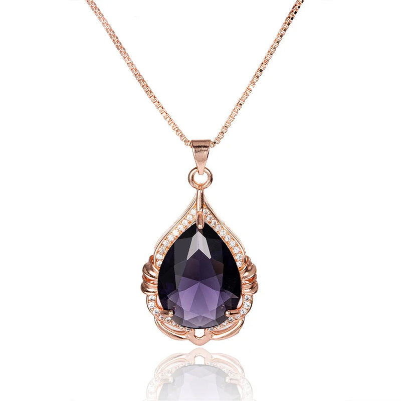 Real 14K Rose Necklace Pendant for Women Amethyst Bijoux Pendant
