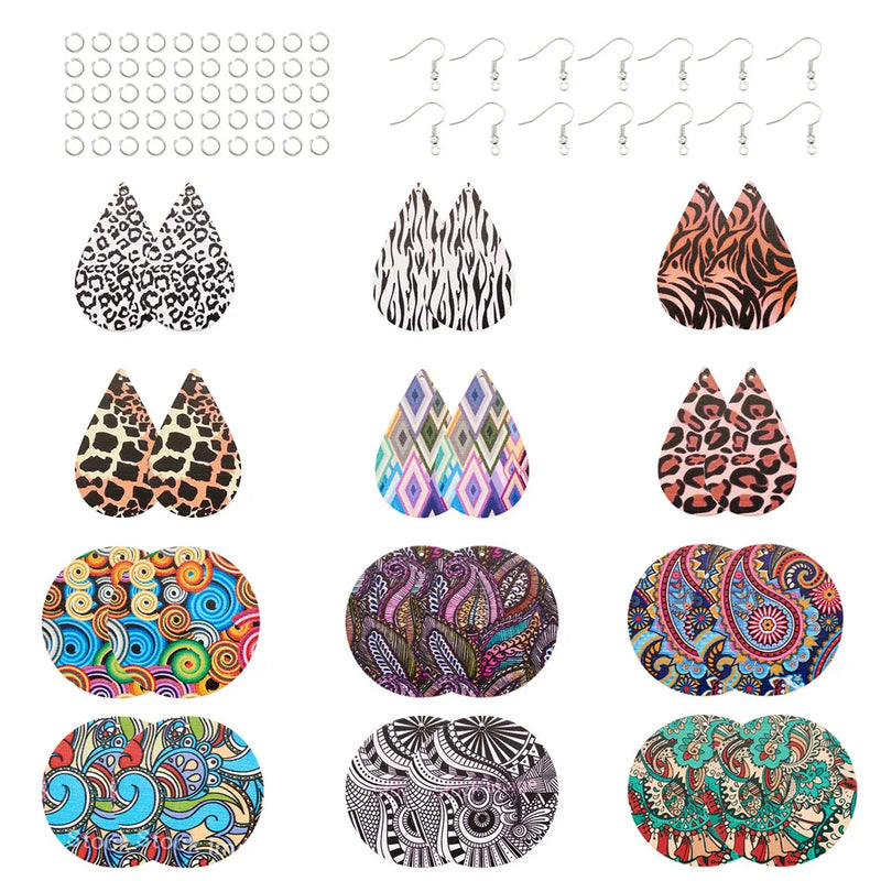 24 Pairs Printed Wooden Earring Making Kits with Pendants Hooks Rings