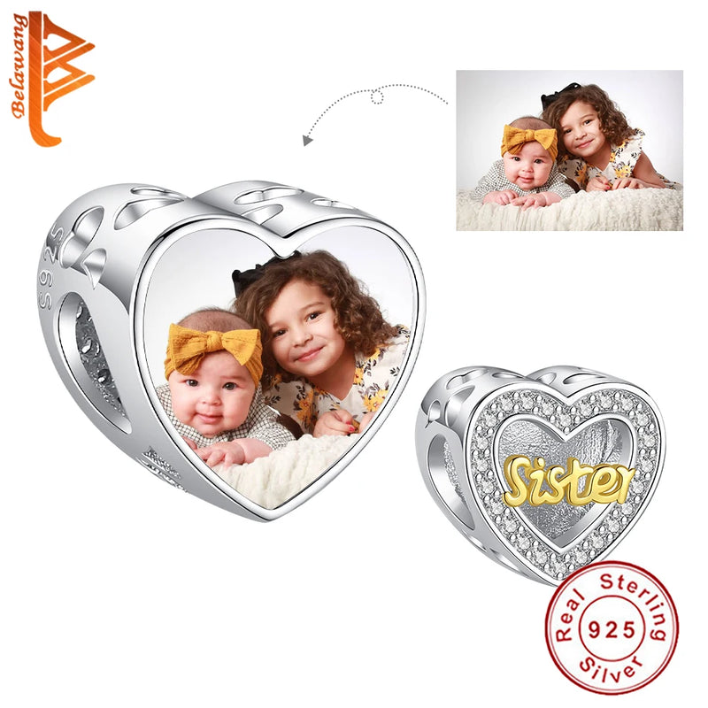 925 Silver Crystal Sister Heart Bead Charm for Bracelet