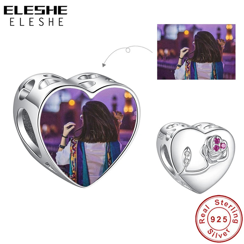 925 Silver Rose Flower Pink CZ Heart Bead Charms for Bracelet