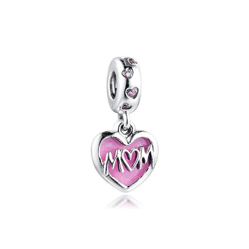 Heart Dangle Charm Enamel 925 Sterling Silver Mother Kids Bracelet