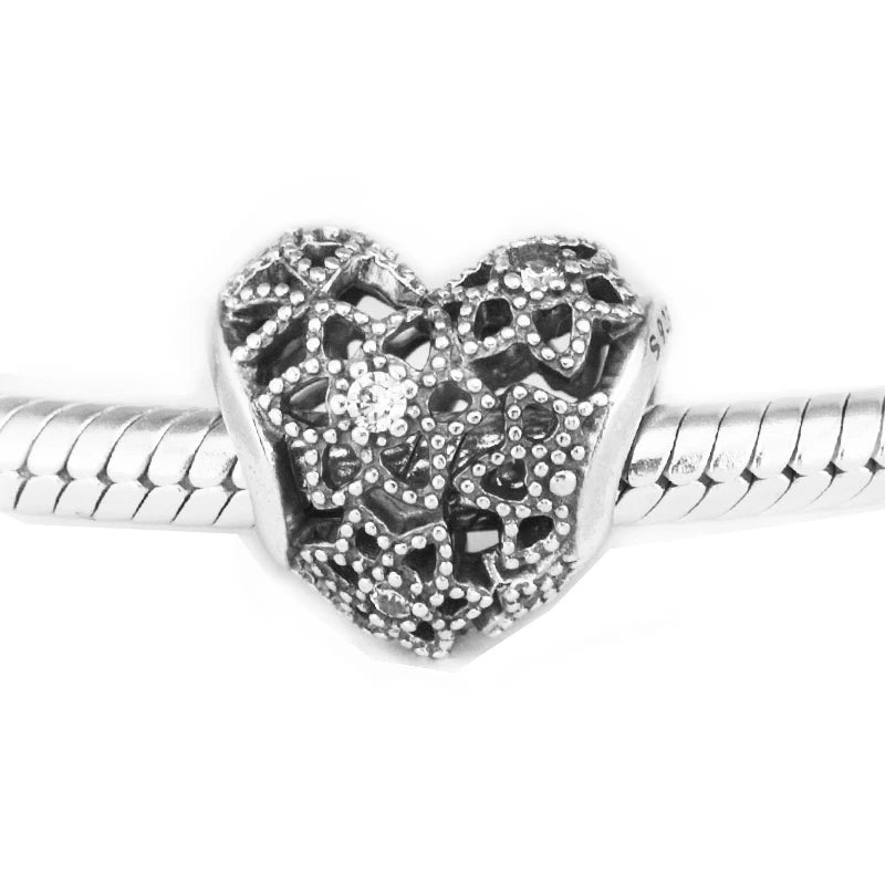 DIY Beads Blooming Heart Charm Clear CZ Fits Charms 925 Silver Bracelets