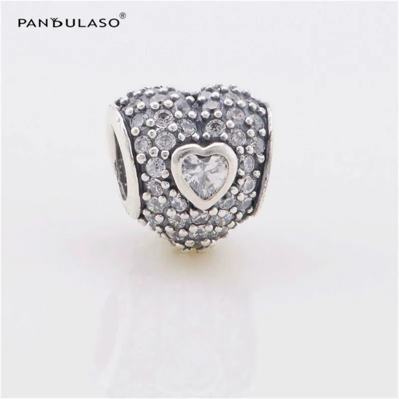 DIY Beads Pave Heart Charms Fits Silver Bracelets Sterling Silver Jewelry