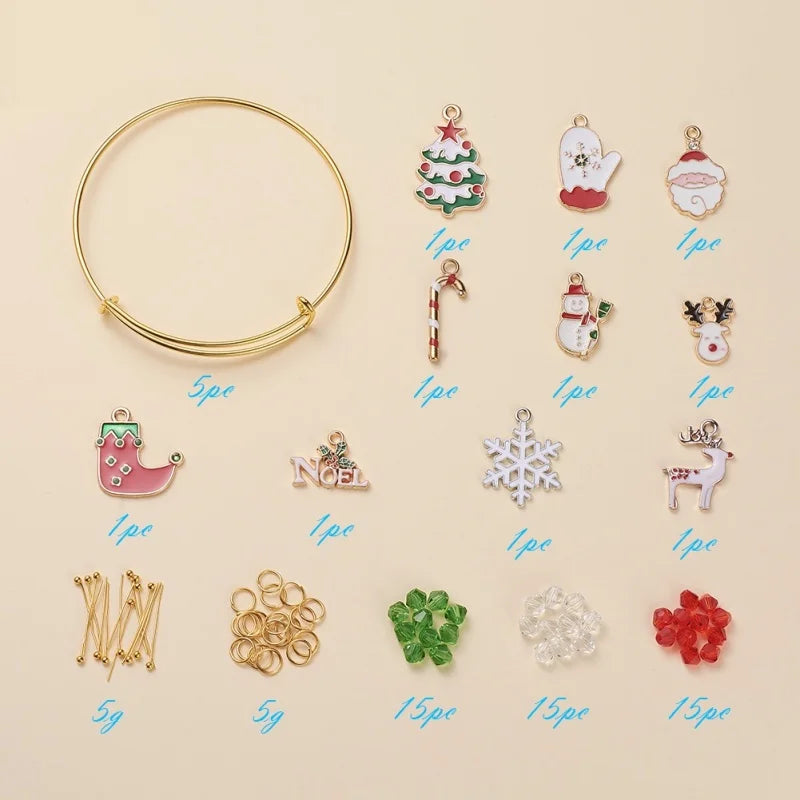 DIY Christmas Bangle Making Kit with Crystal Glass Beads and Enamel Pendants