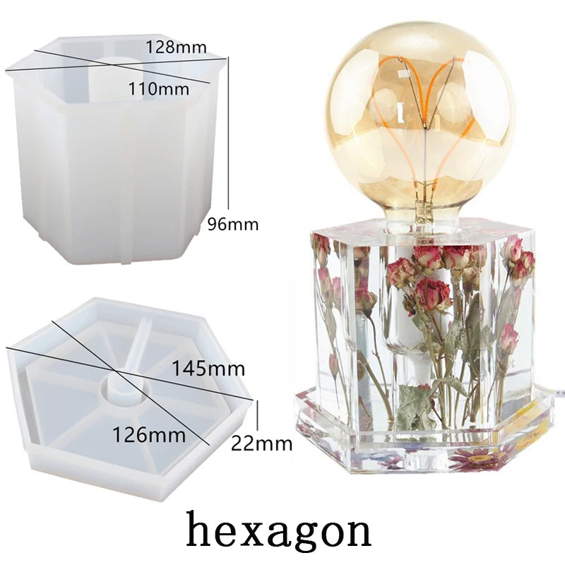 DIY Crystal Epoxy Resin Lamp Holder Mold Geometry Hexagon Cube Cylinder