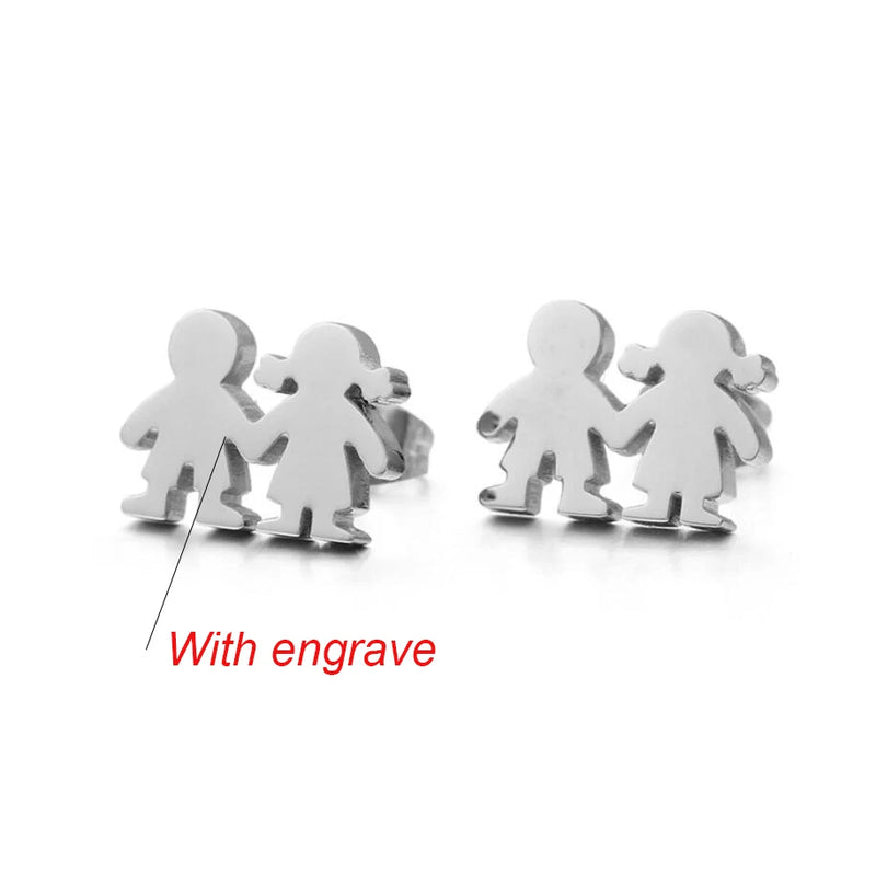 Engraved Name Stainless Steel Family Twins Birth Earrings