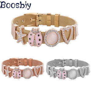 Pink Ladybug Slide Charm Bracelet 10mm Stainless Steel Mesh Bracelet