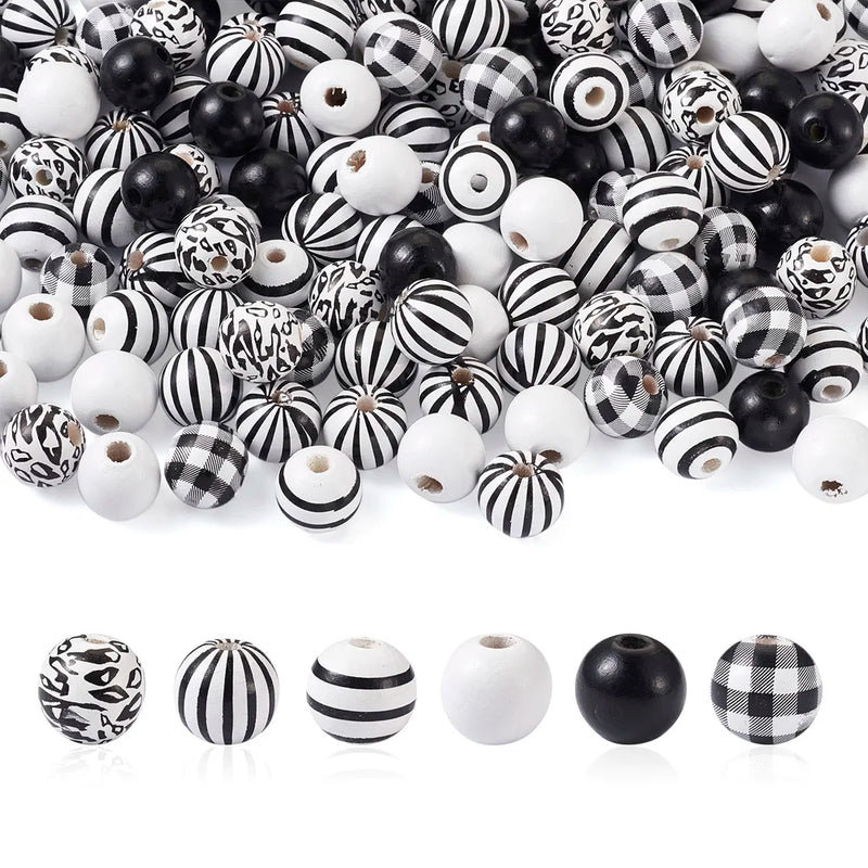 Plaid Stripe Print Wooden Beads 16mm 180Pcs