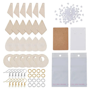 DIY Wood Earring Kit w/ Pendants Brass Rings Hooks 80pcs
