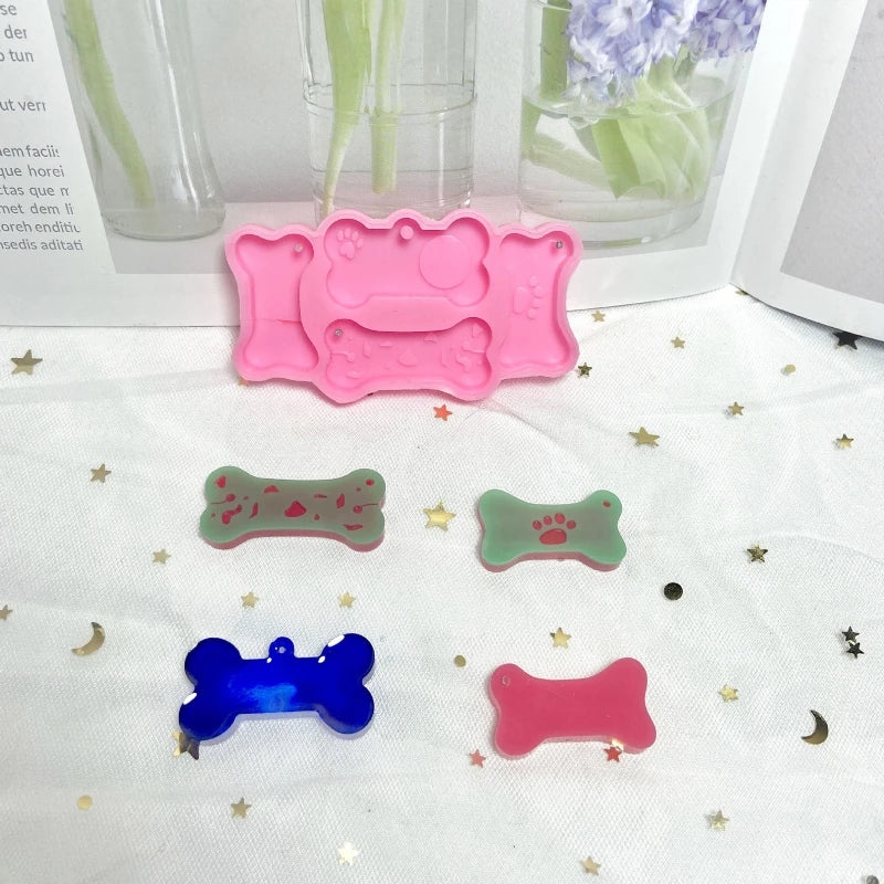 Fish Bone Cat Round Pet Tags Resin Mold with Hole Keychain Pendant