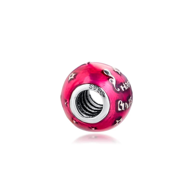 DIY Fits Bracelets Birthday Charms With Cerise Enamel 925 Silver Beads
