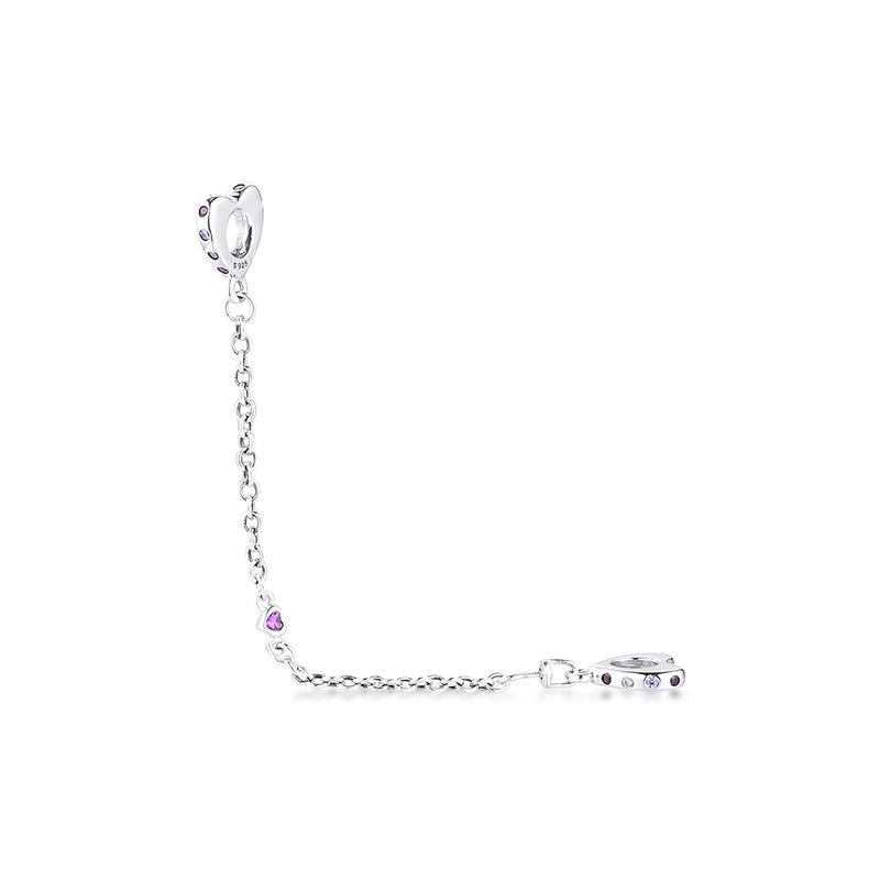 Bright Hearts Safety Chain Beads Pink CZ 100% Sterling Silver Jewelry Charms