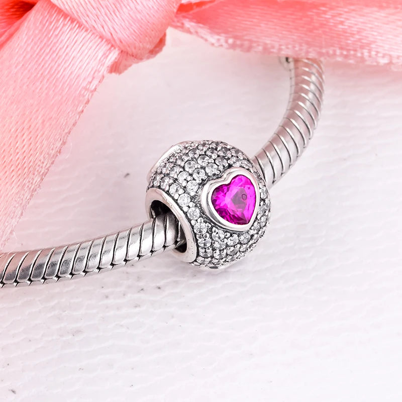 Heart Pave Charms with Clear Pink CZ 100% 925 Sterling Silver Beads