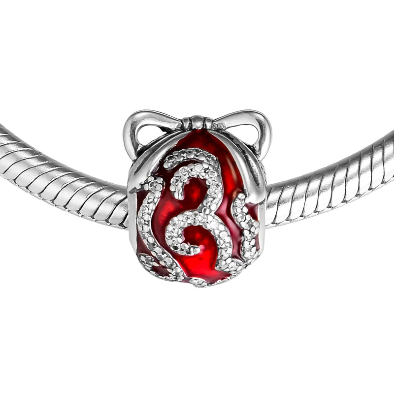 925 Sterling Silver Beads with Red Enamel & Clear CZ