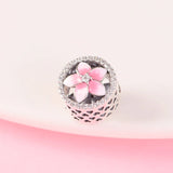 Floral Beads with Pale Pink Enamel & CZ 925 Sterling Silver Charms Bracelets