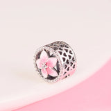 Floral Beads with Pale Pink Enamel & CZ 925 Sterling Silver Charms Bracelets