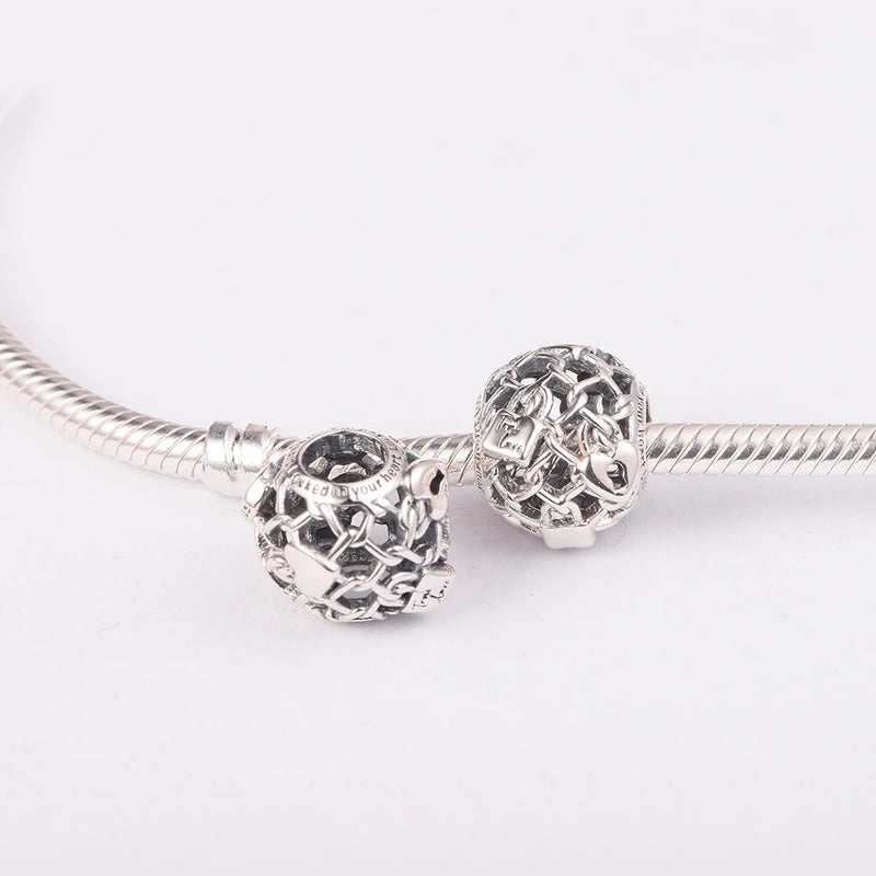 925 Sterling Silver Openwork Chain Padlock Charm Beads Bracelets