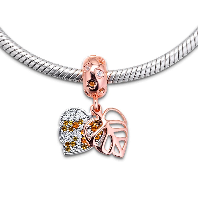 925 Sterling Silver Rose Leaves Beads with Clear CZ