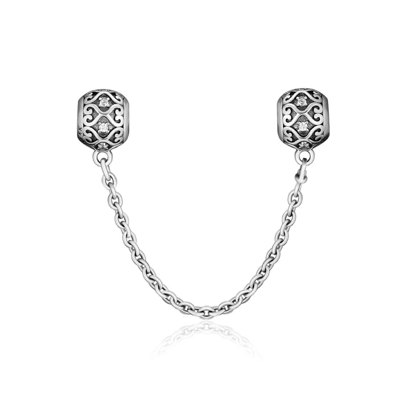 Enchanted Heart Safety Chain Beads 100% 925 Sterling Silver Jewelry