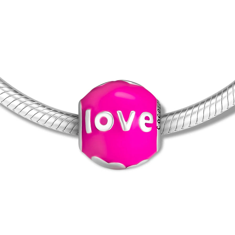 Family Love Pink Enamel Beads 925 Sterling Silver Bracelet Charm DIY Fits Europe