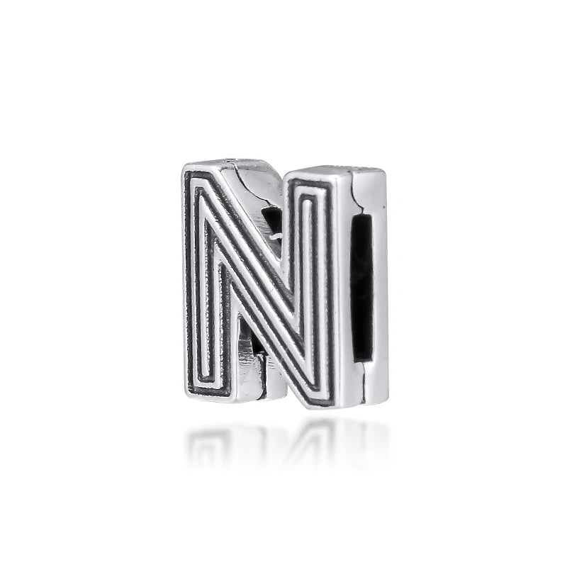 Europe Charms Bracelet Letter N Clip Bead 925 Sterling Silver Jewelry