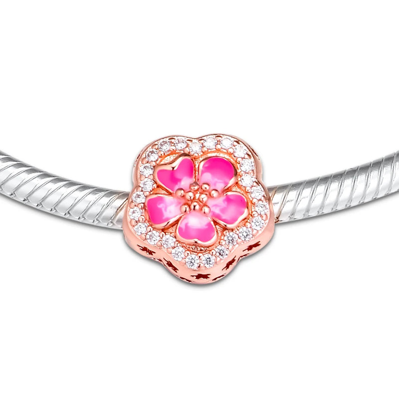 European Charm Bracelet Rose Peach Blossom Flower Beads 925 Sterling Silver