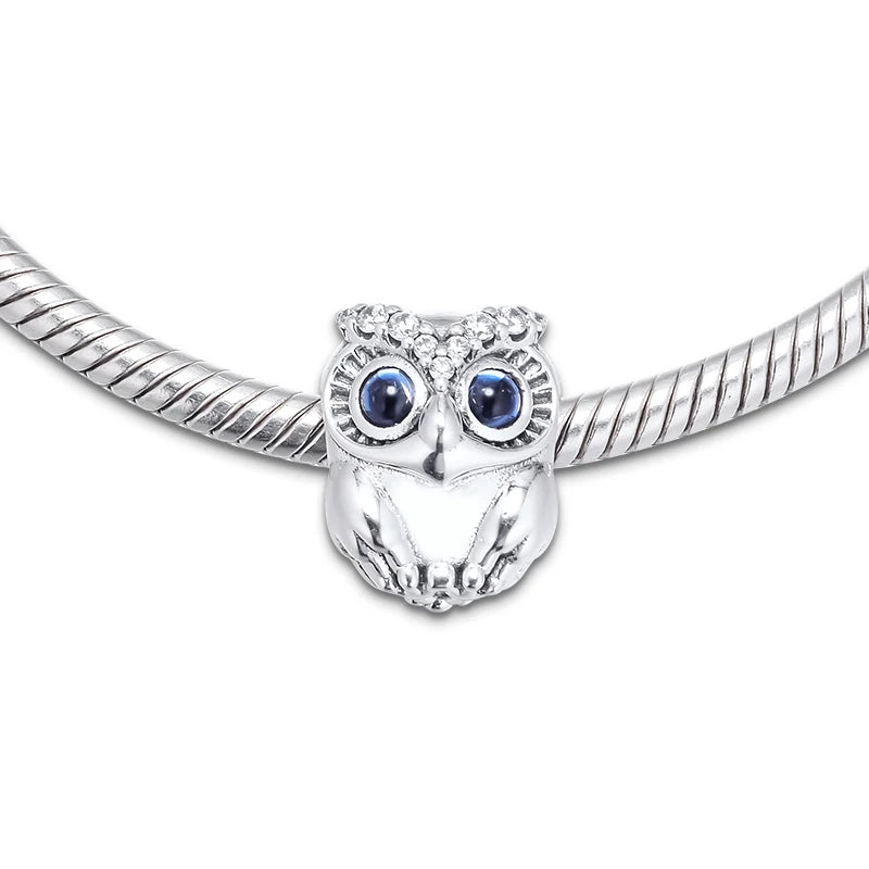 925 Sterling Silver Sparkling Owl Beads for Europe Charms Bracelets