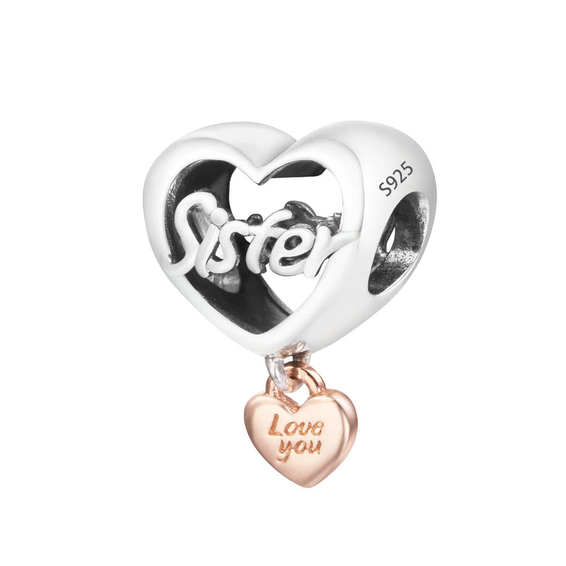 Sister Heart Dangle Beads 925 Silver Charms Bracelet DIY Fits