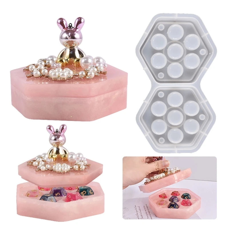 Hexagonal Jewelry Storage Box Resin Mold Seven-piece Dice Holder Silicone Mold