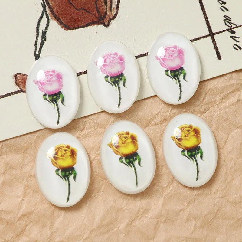 20pcs Rose Flower Resin Oval Cabochons Ornament Stickers