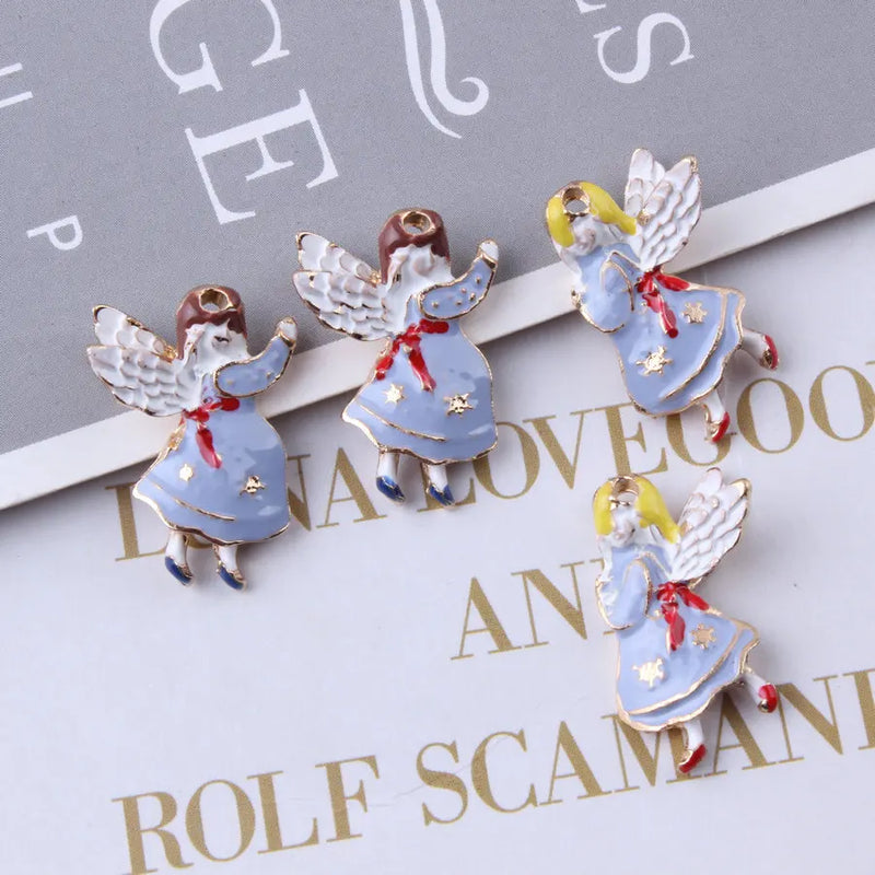 60pcs Enamel Alloy Charms Angel Wings Girl Necklace Keyring Pendants
