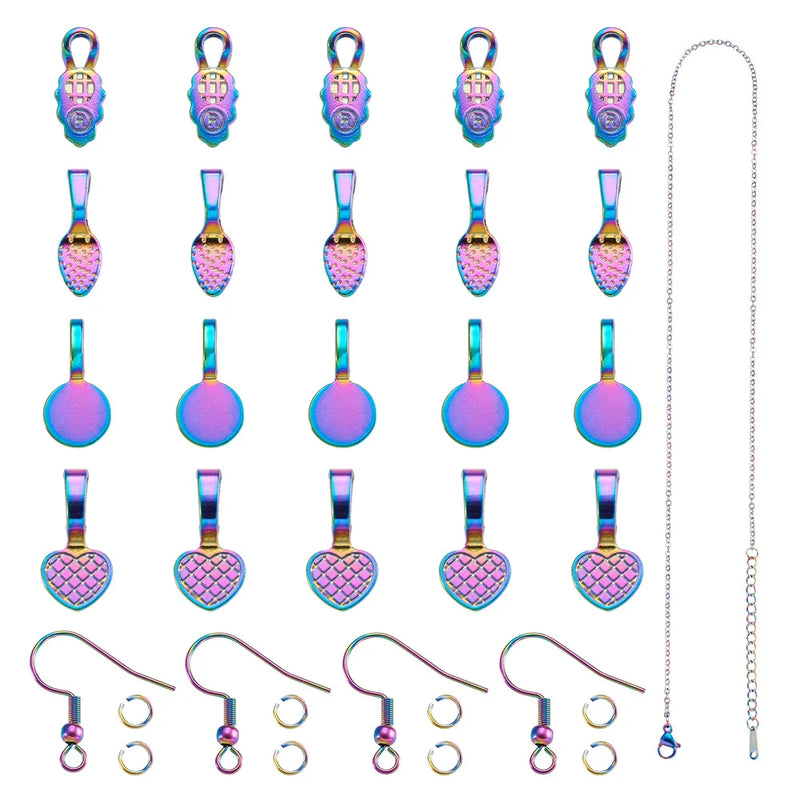 Rainbow Jewelry Making Kit: Pad Bails, Jump Rings, Chain Necklace, Earring Hook