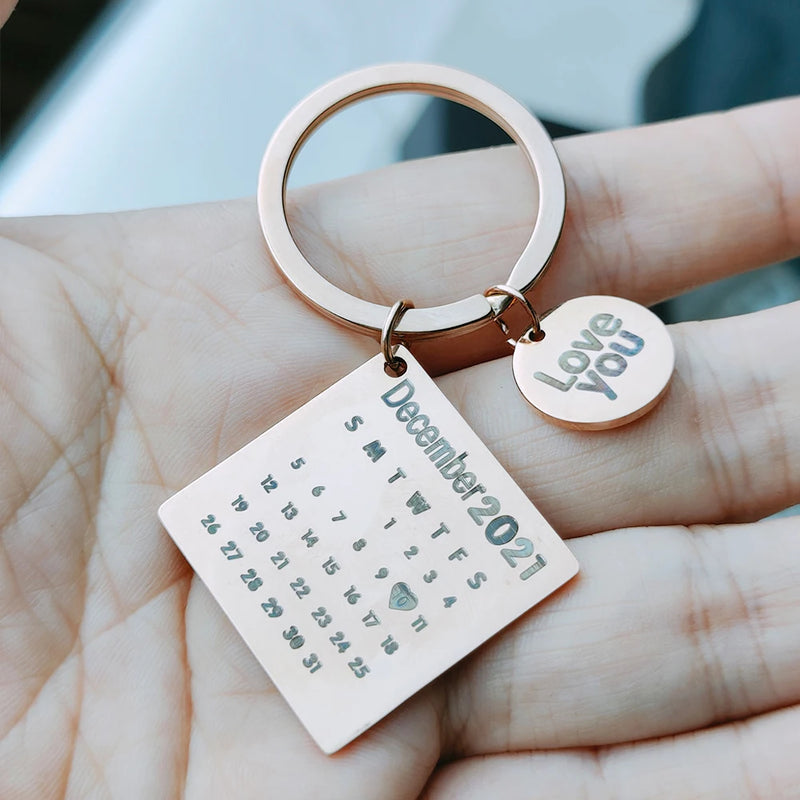Personalized Calendar Keychain Hand Carved Keyring Gift