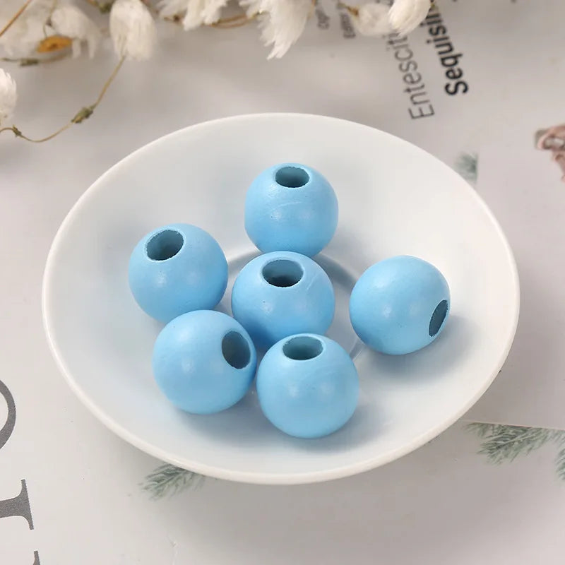 DIY 20mm Round Wooden Beads Crafts Colorful Big Hole for Kid's Jewelry