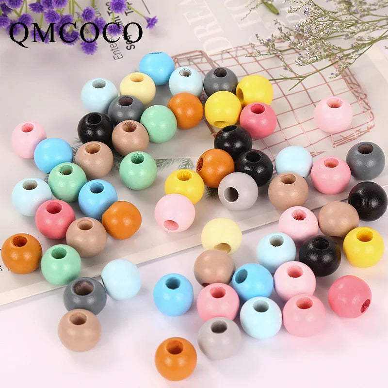 DIY 20mm Round Wooden Beads Crafts Colorful Big Hole for Kid's Jewelry