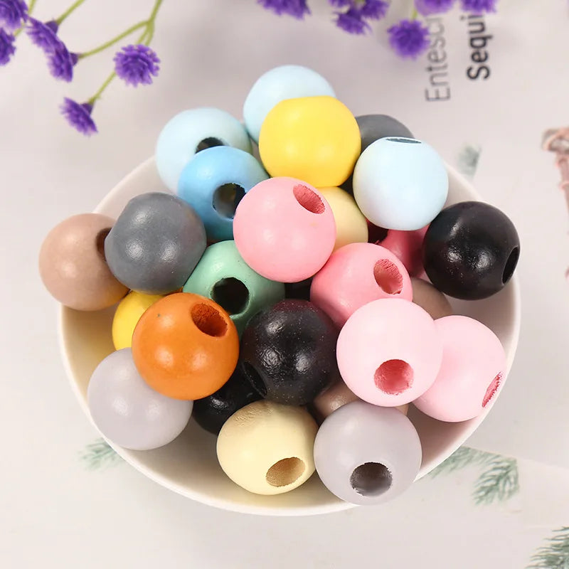 DIY 20mm Round Wooden Beads Crafts Colorful Big Hole for Kid's Jewelry
