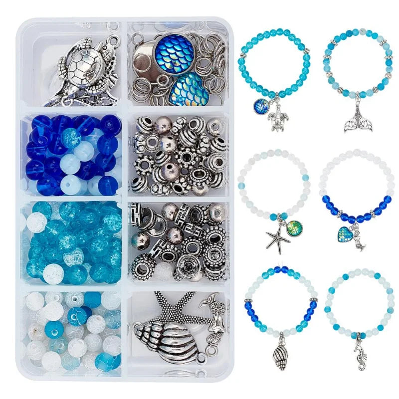 Ocean Theme Bracelet Making Kit Glass Beads Metal Pendants Elastic Thread