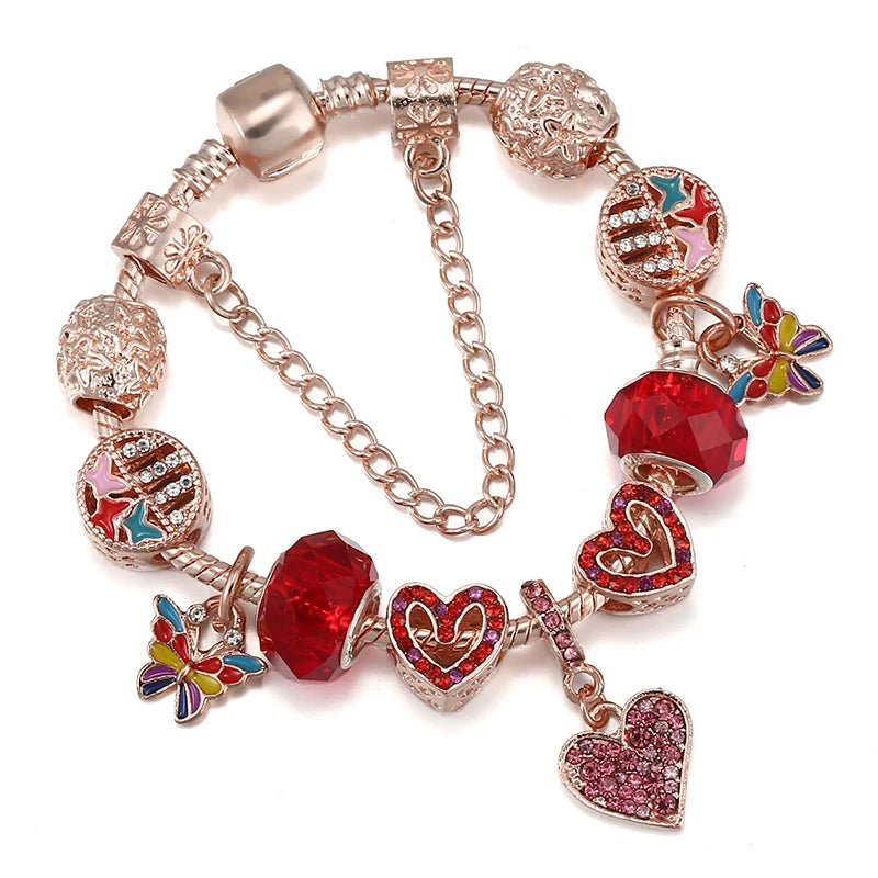 Pink Pave Hearts Beads Colorful Butterfly Pendant Charm Bracelet