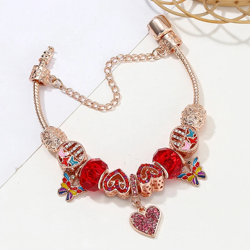 Pink Pave Hearts Beads Colorful Butterfly Pendant Charm Bracelet