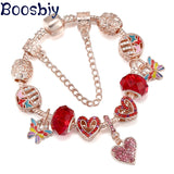 Pink Pave Hearts Beads Colorful Butterfly Pendant Charm Bracelet